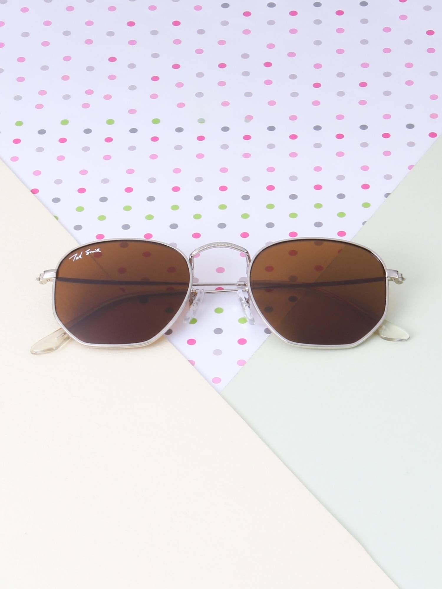 Ted Smith Unisex Hexagonal Sunglasses Silver Frame Dark Brown Glass Lenses
