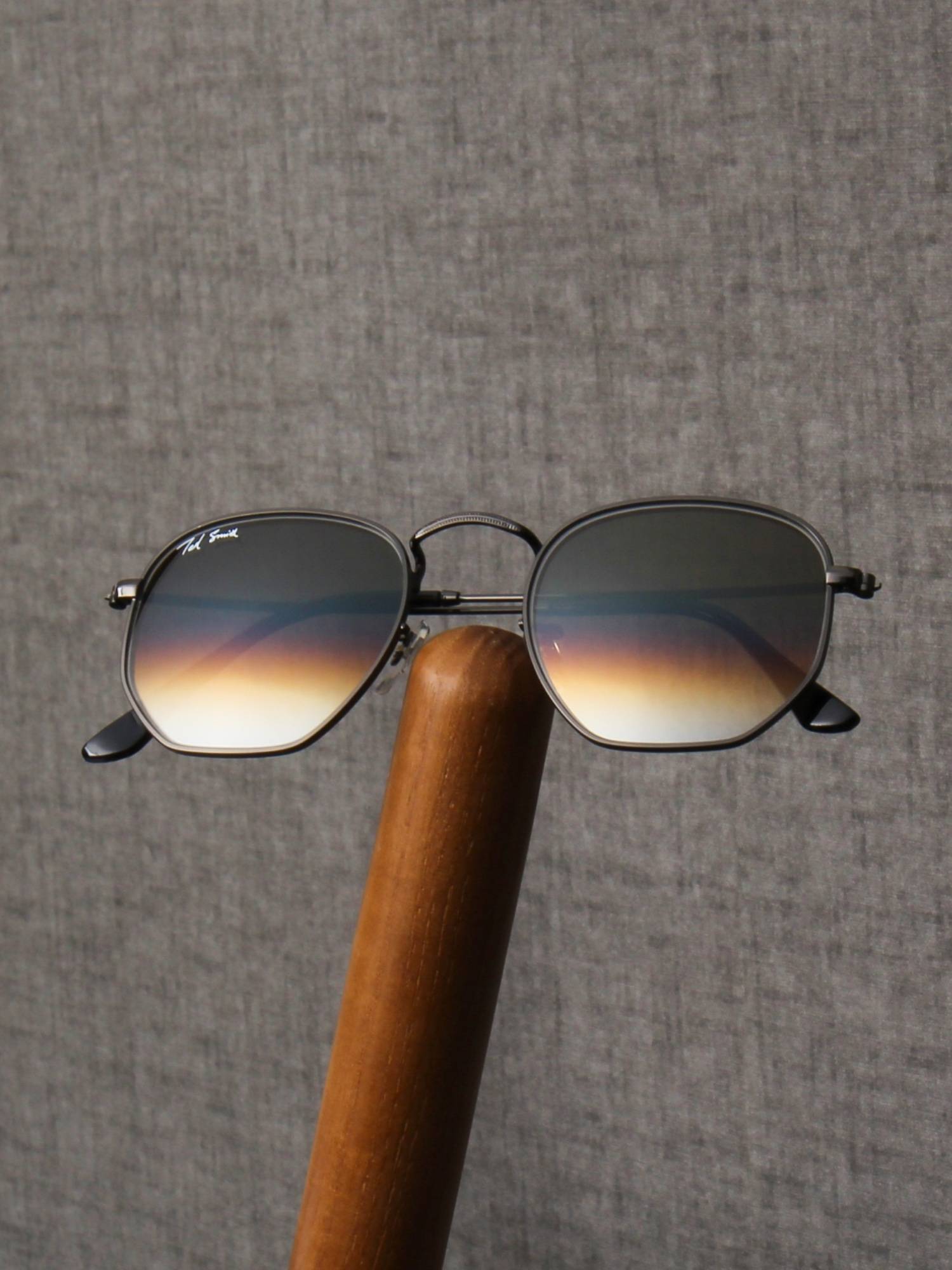 Ted Smith Unisex Hexagonal Sunglasses Gunmetal Frame Brown Graded Glass Lenses
