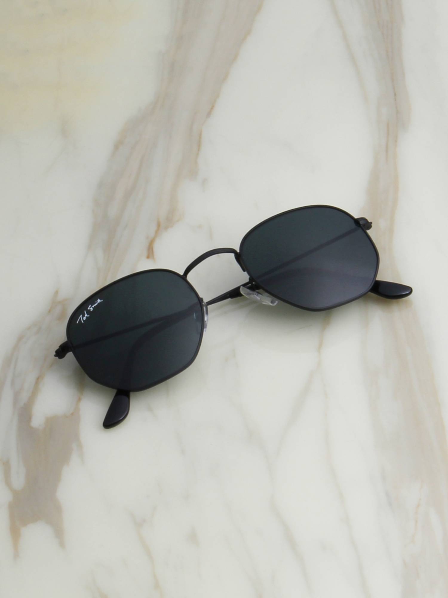 Ted Smith Unisex Hexagonal Sunglasses Matt Black Frame Grey Glass Lenses