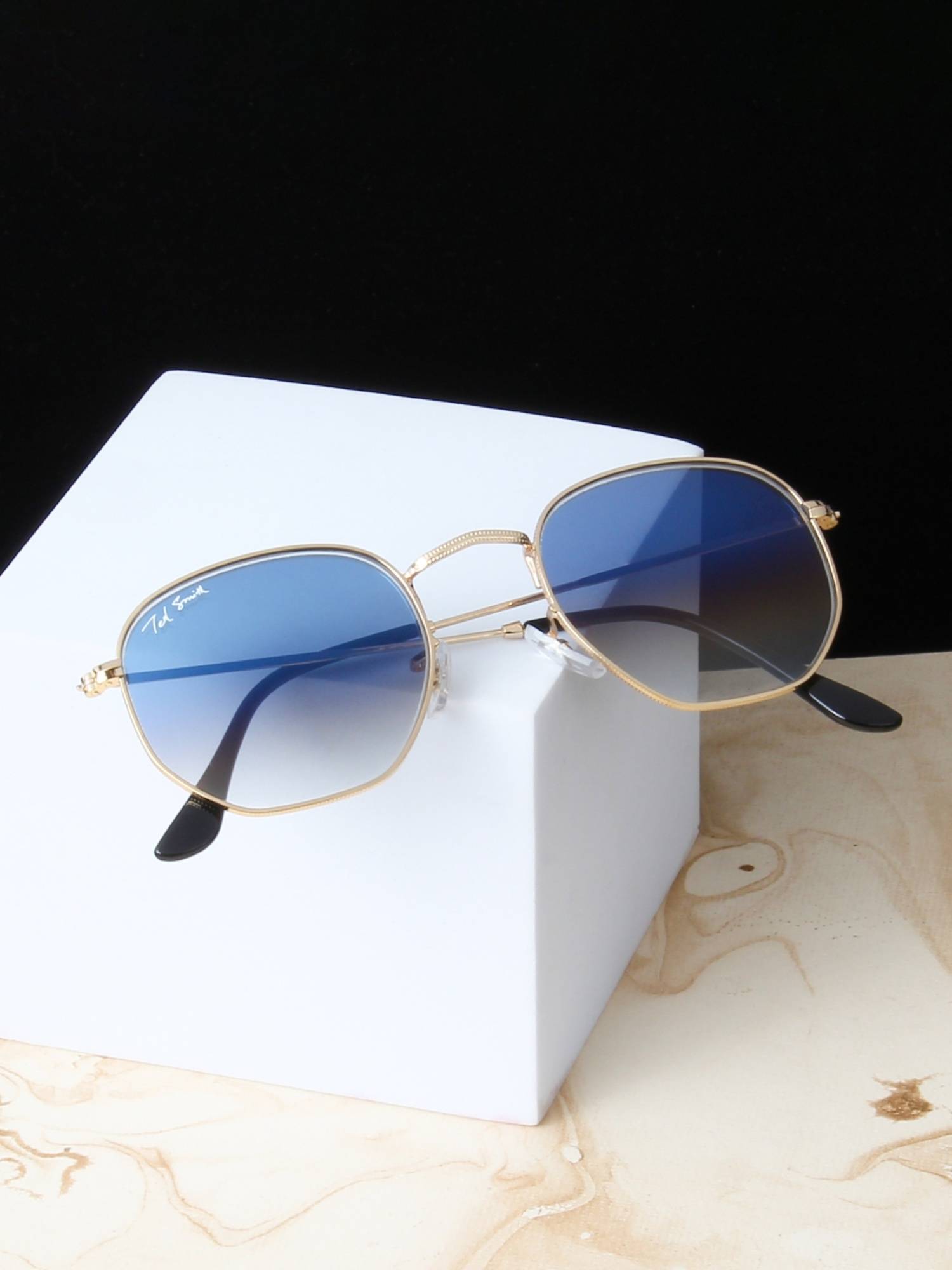Ted Smith Unisex Hexagonal Sunglasses Gold Frame Blue Graded Glass Lenses
