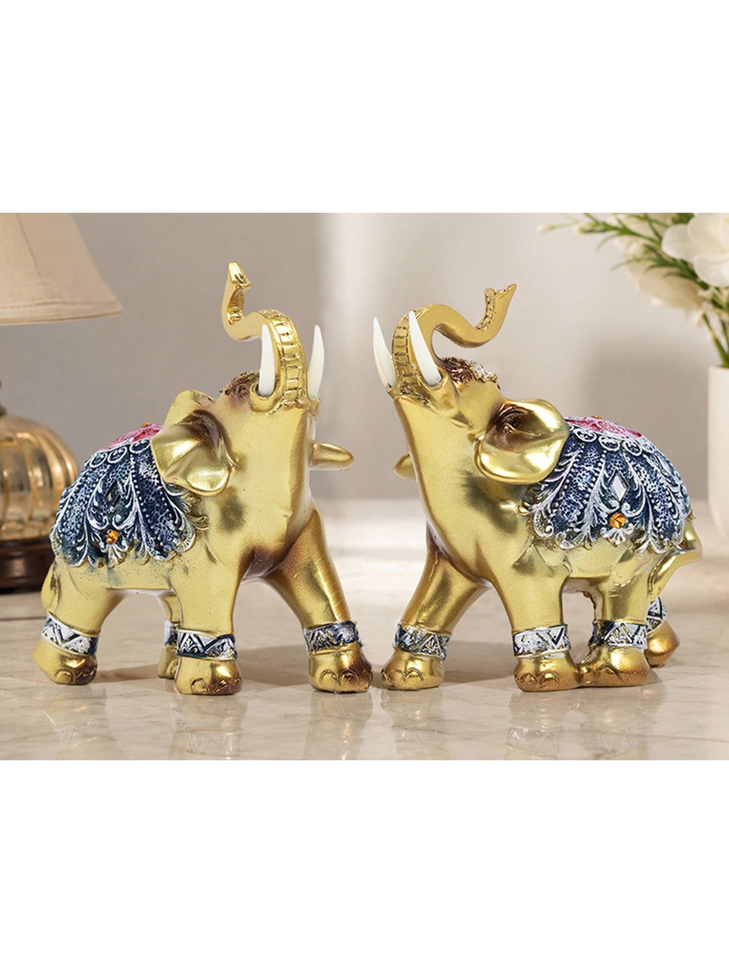 Golden Peacock Golden Elephant Pair Showpiece Décor (Pack Of 2)
