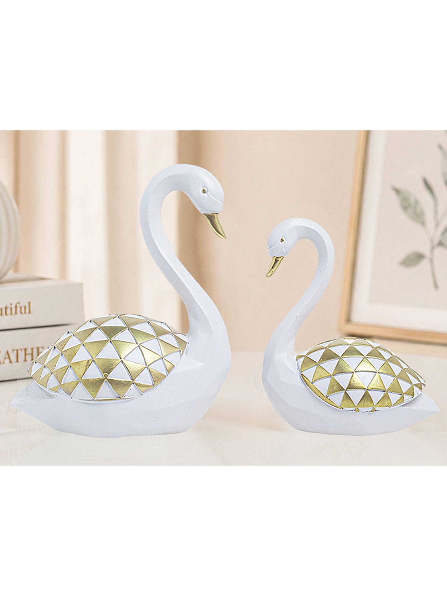Golden Peacock White Gold Swan Pair Showpiece Décor (Pack Of 2)