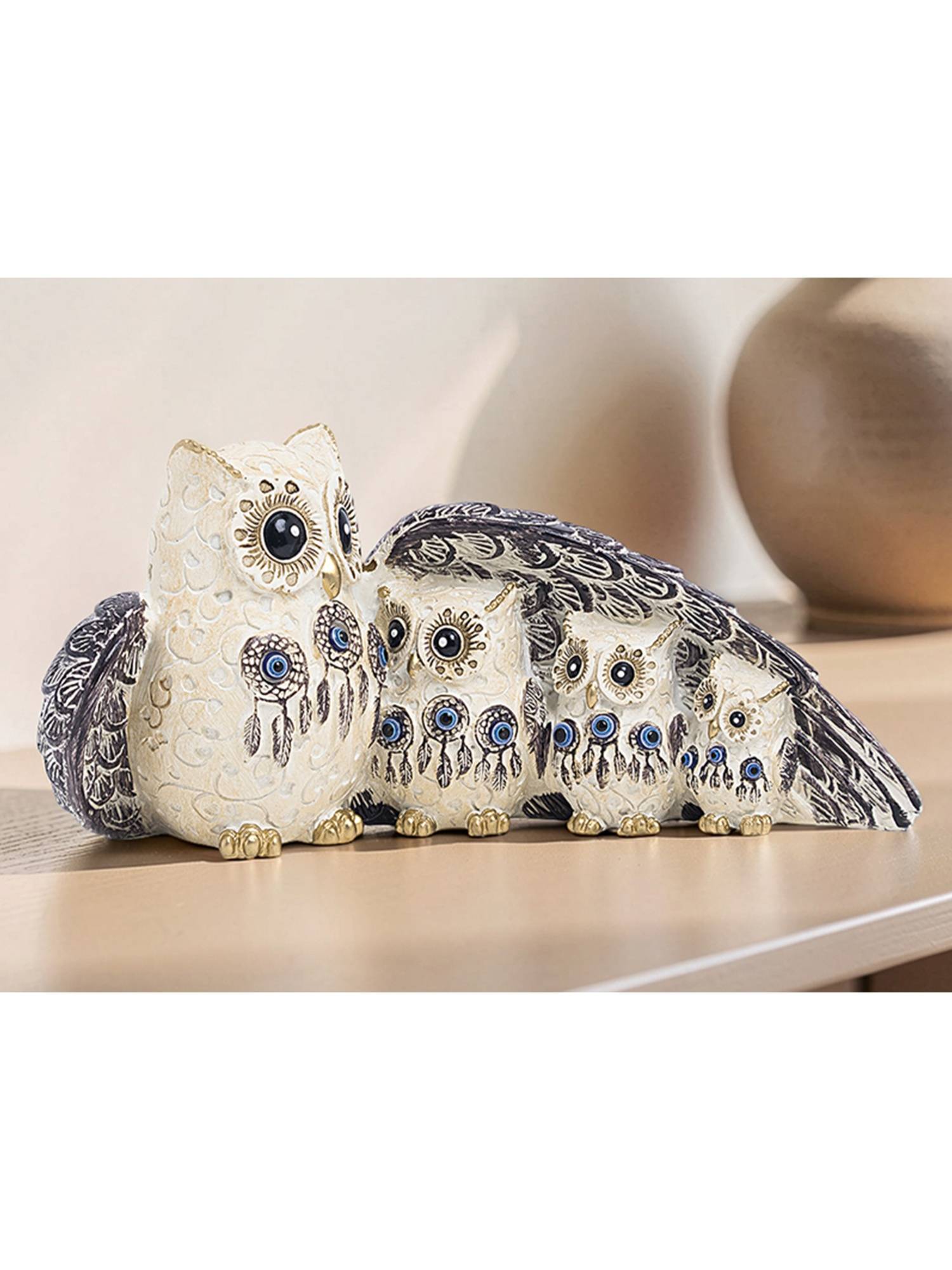 Golden Peacock Cream Owl Family Showpiece Decor