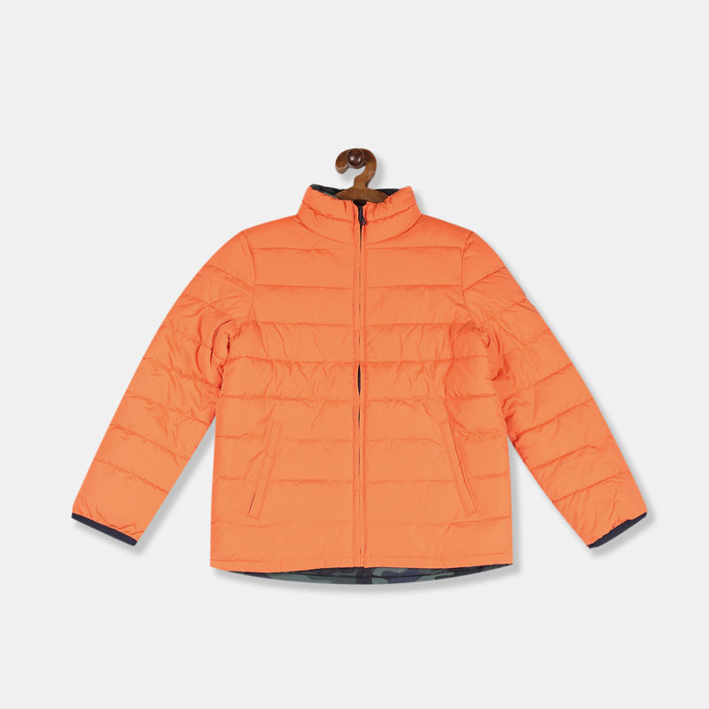 green puffer coat with orange lining