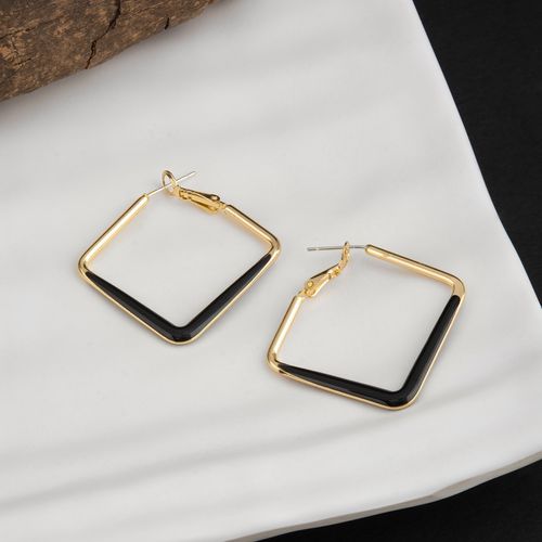 E2O Square Shaped Gold Plated Black Hoop Earring for Women