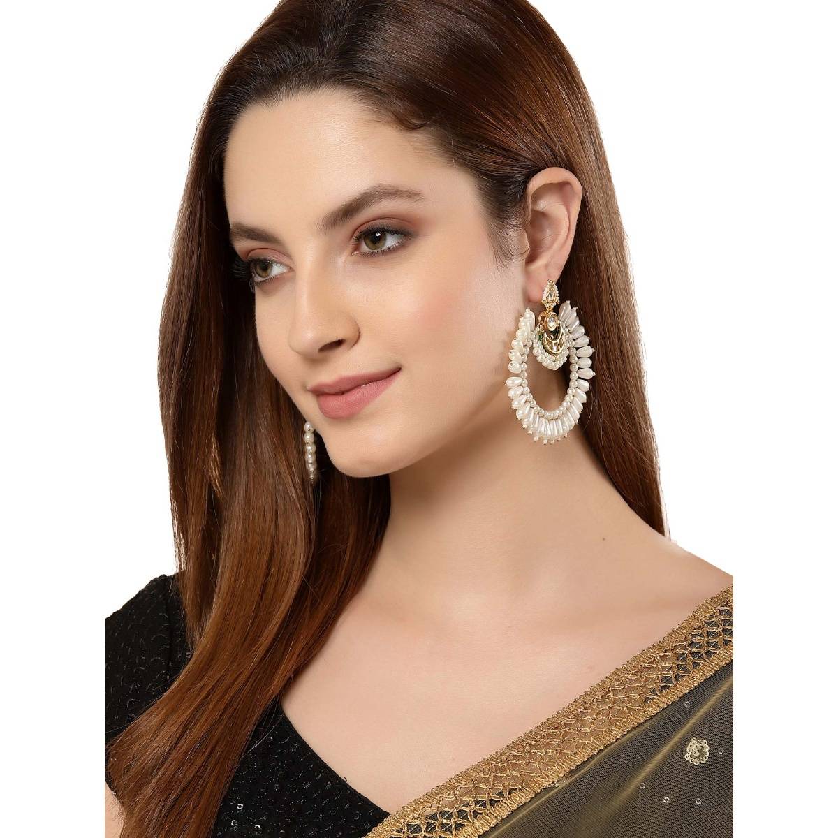 Dugran By Dugristyle Gold & White Kundan Chandbalis Earrings