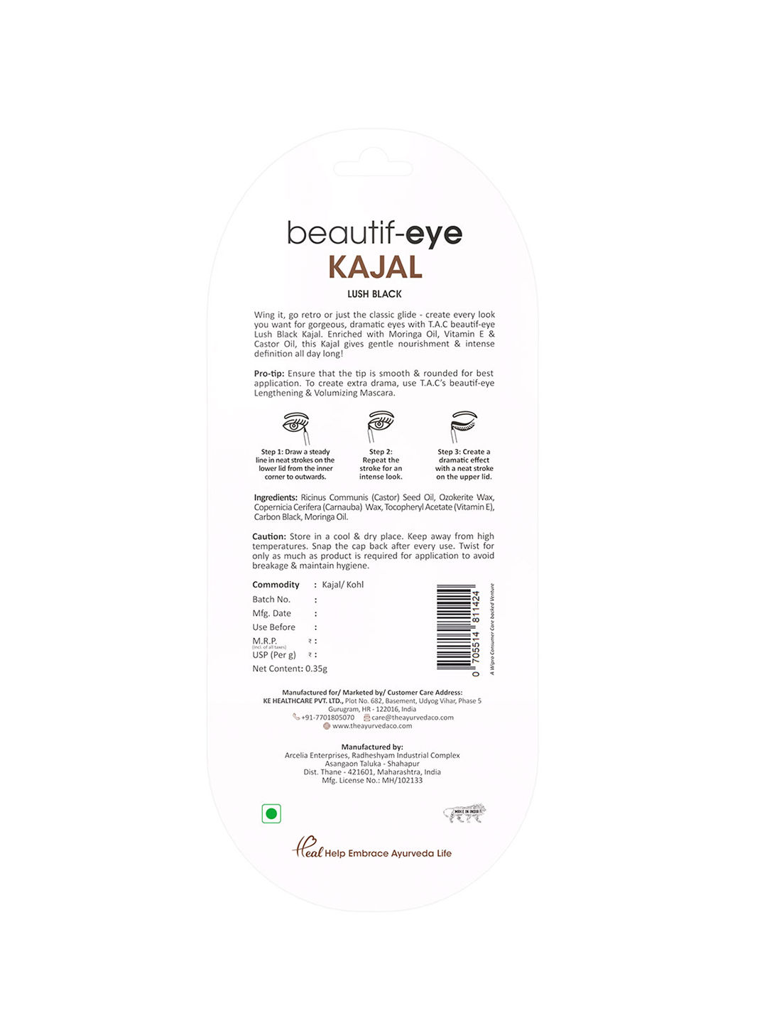 TAC The Ayurveda Co. BeautifEye Ayurvedic Kajal Black Buy TAC The