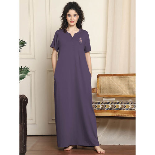Buy Indreams Purple Embroidered Long Night Dress Online