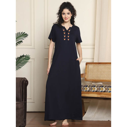 Buy Indreams Navy Blue Embroidered Long Night Dress Online