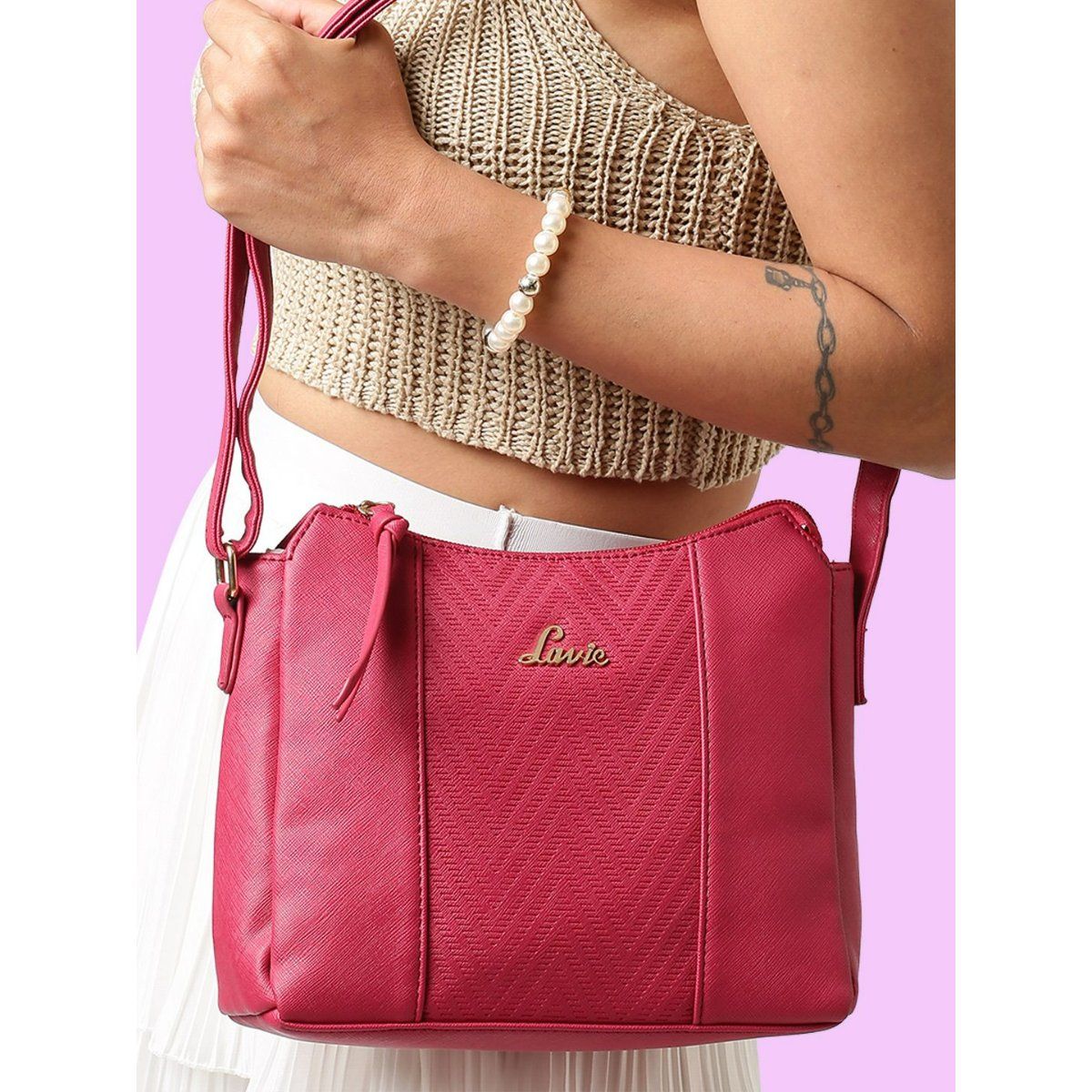 Buy Lavie Women Jeffery Croco Pink & Brown Textured Sling Bag - Handbags  for Women 2407434 | Myntra