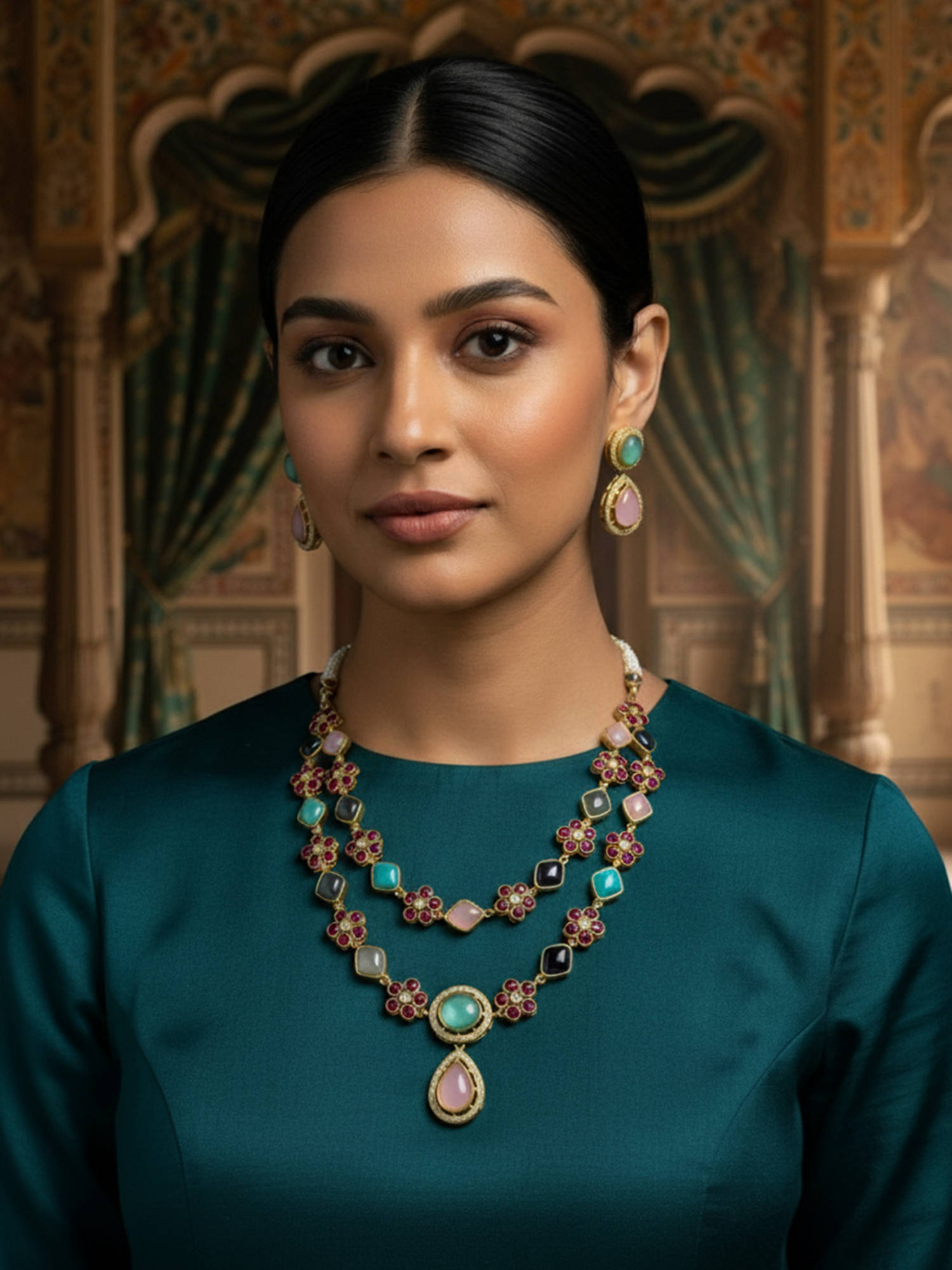 Treemoda Multi-Color Brass Stones Jewellery Set