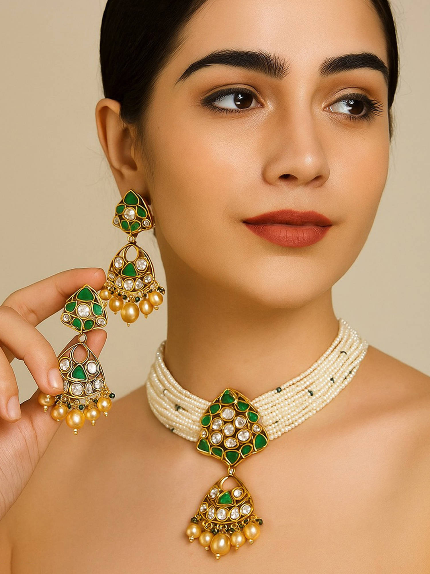 Treemoda Green Brass Stones Jewellery Set