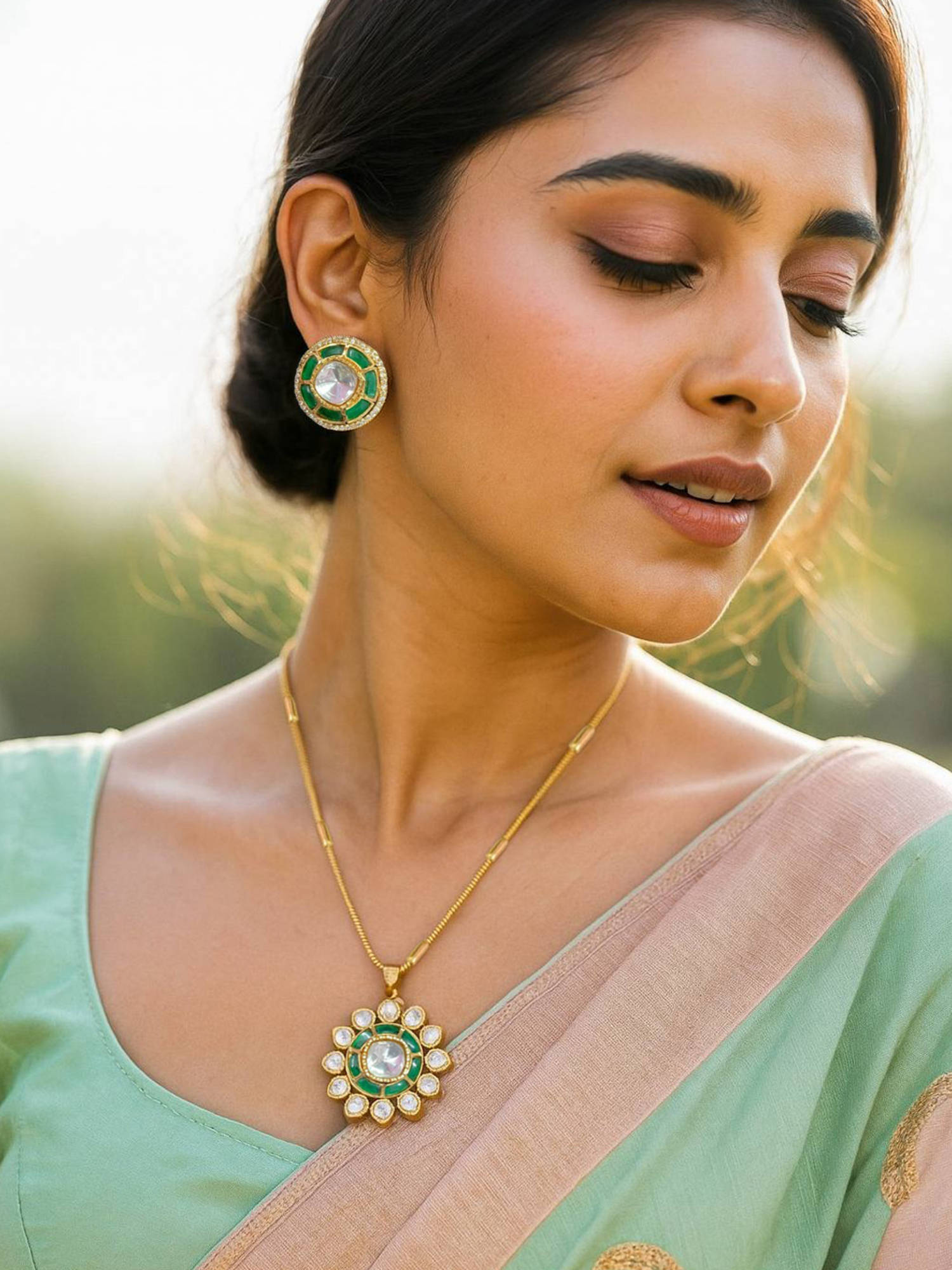 Treemoda Green Brass Stones Jewellery Set