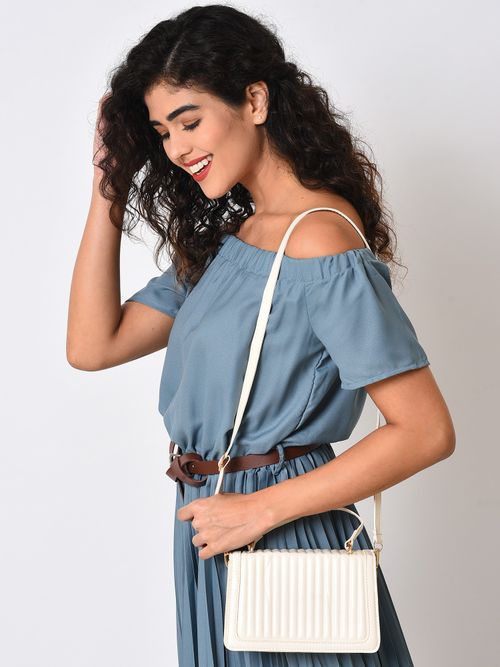 Haute Sauce Women White Textured Pu Structured Sling Bag with Quilted