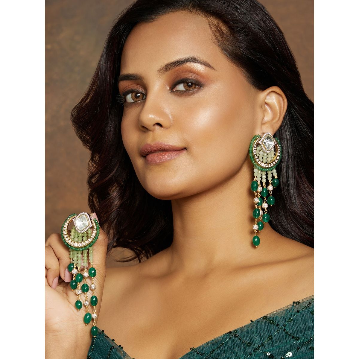 Buy Joules By Radhika Green & Golden Classic Dangler Earring Online