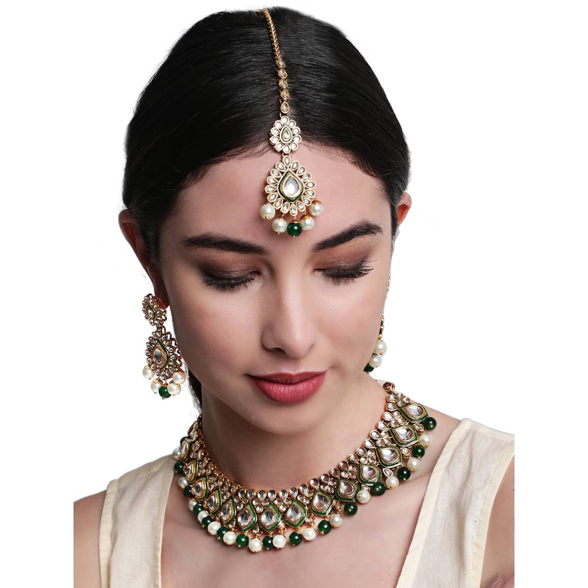 Aatmana Gold Plated Green and White Kundan Studded Beaded Handcrafted Jewellery