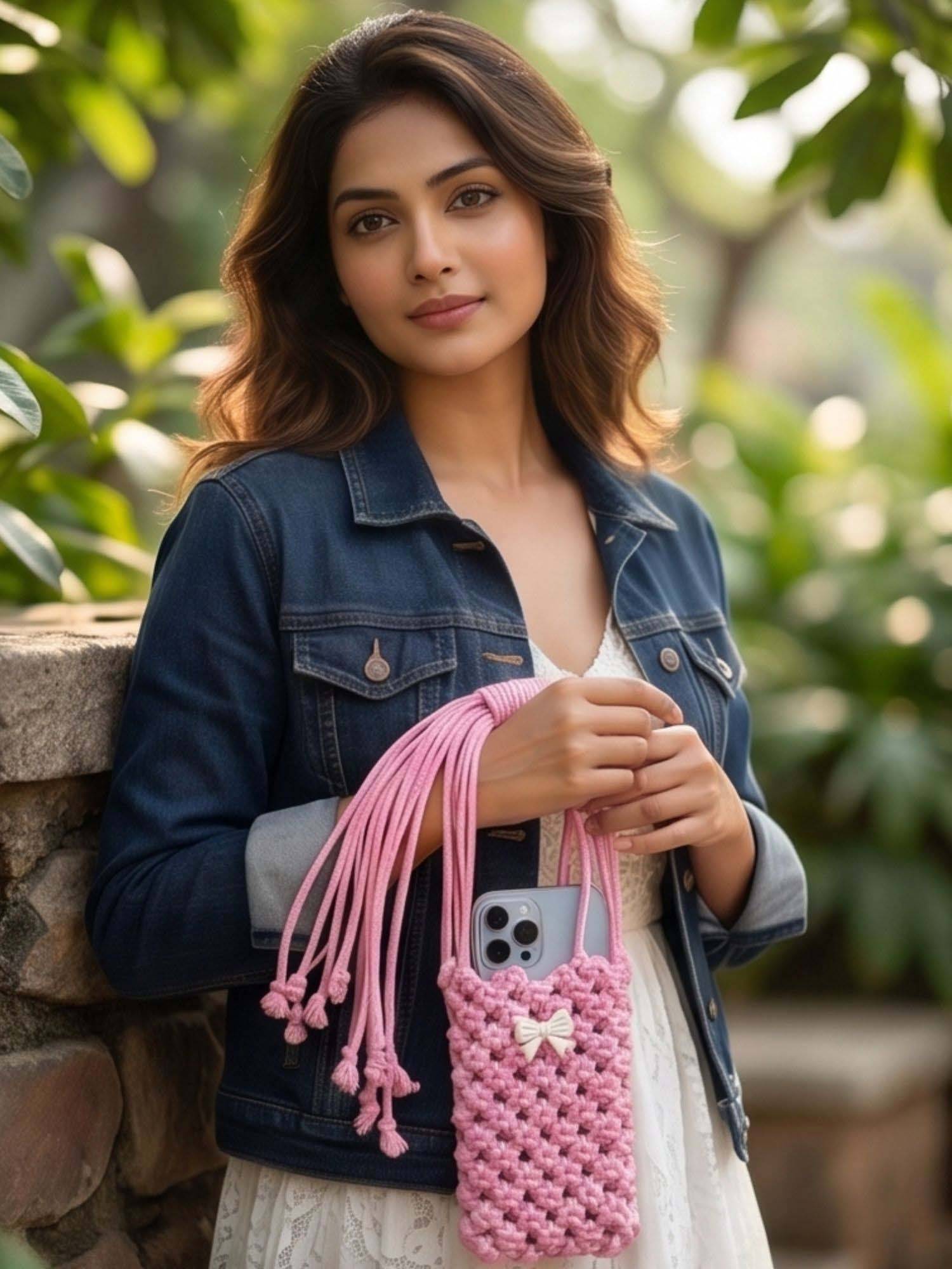 YELONA Handmade Women's Macrame Pink Mobile Pouch Knit Nylon Bag (S)