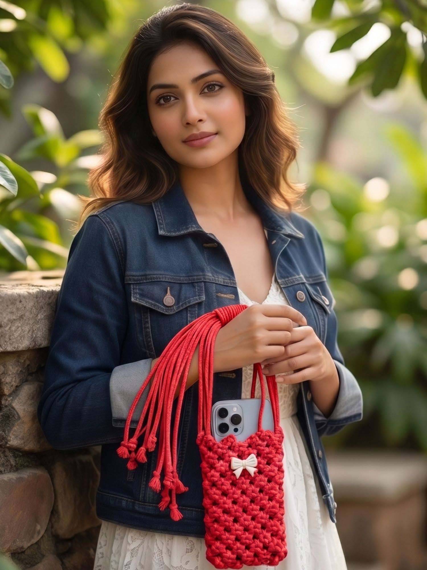 YELONA Handmade Women's Macrame Red Mobile Pouch Knit Nylon Bag (S)