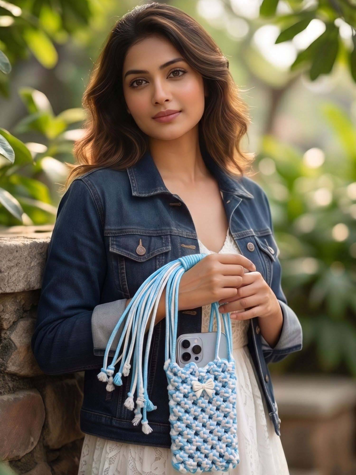 YELONA Handmade Women's Macrame Aqua Mobile Pouch Knit Nylon Bag (S)