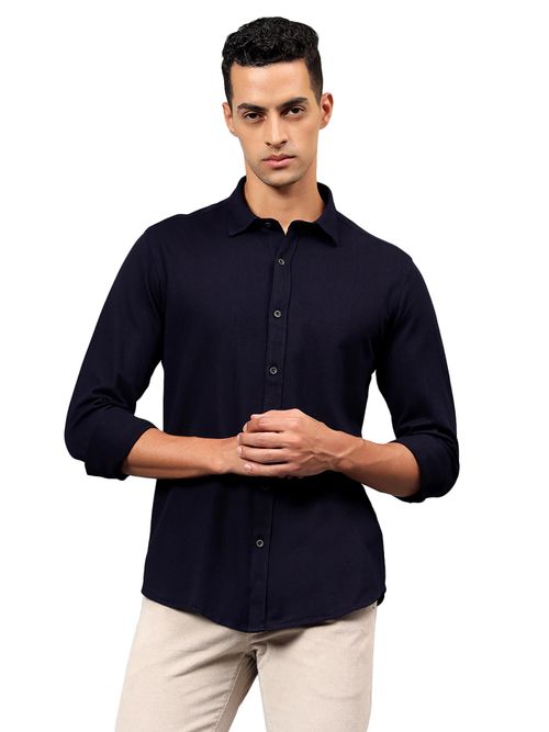 Buy Cantabil Men Navy Blue Solid Full Sleeves Casual Shirt Online