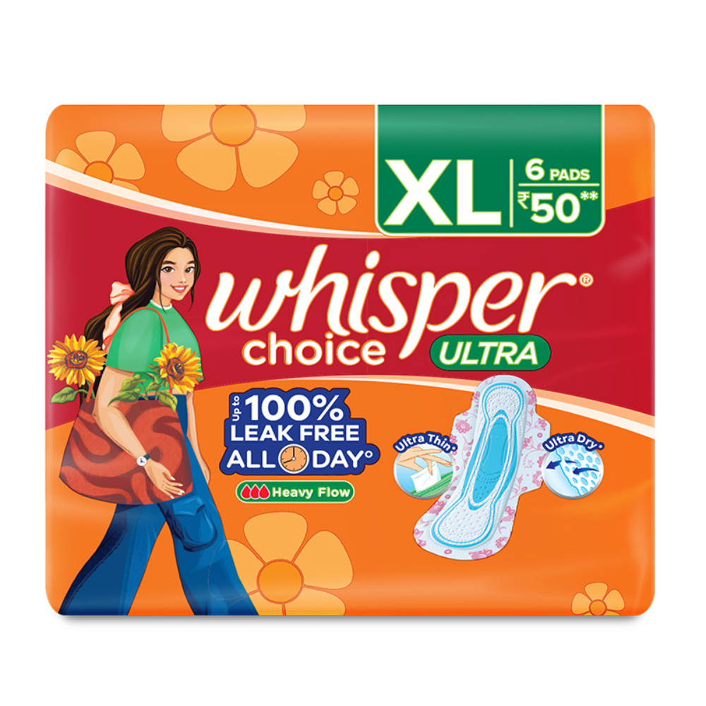 Whisper Choice XL, 6 XL Pads for medium to heavy flow, Gives Up to 100% worry-free protection