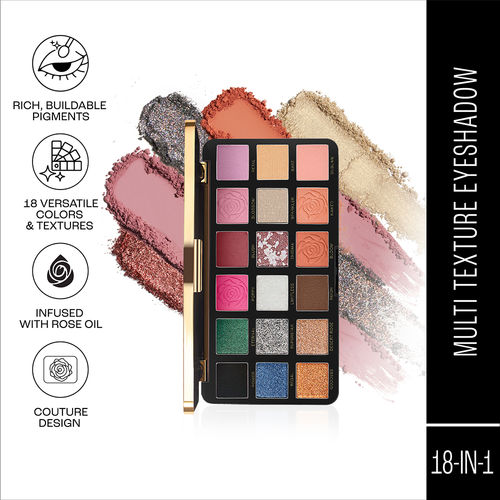 Lakme Rouge Bloom Eyeshadow Pro-Palette, 18 Shades For Infinite Looks, Infused With Rose Oil