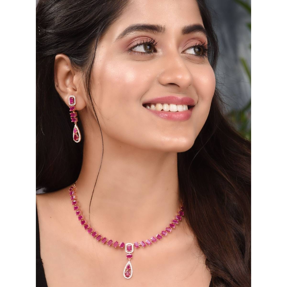 Saraf RS Jewellery Rose Gold Toned Ruby Pink Ad Studded Minimal Necklace Jewellery (Set Of 2)
