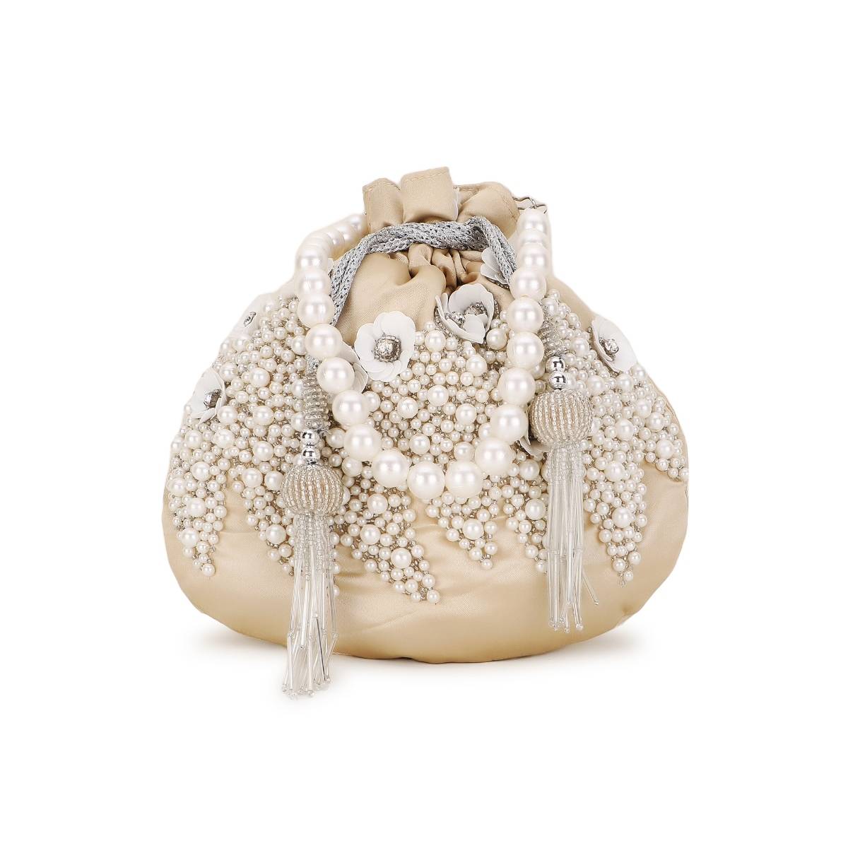 Anekaant Dangle Cream and White Floral Embellished Satin Potli