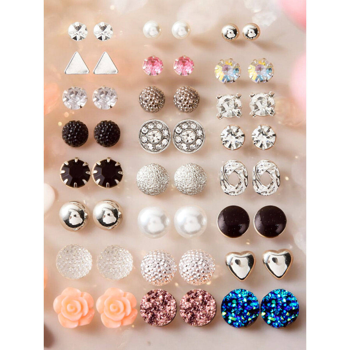 OOMPH Combo Of 24 Crystal and Pearl Delicate Small Ear Stud Earrings