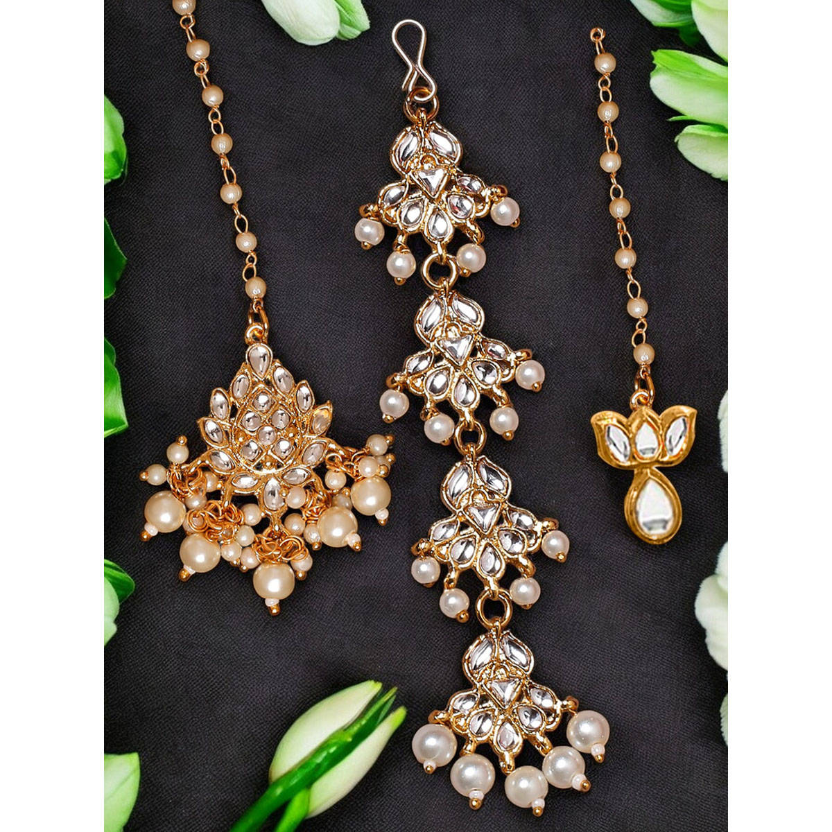 OOMPH Combo Of 3 Gold Tone Kundan and Pearls Floral Wedding Delicate Maangtikka