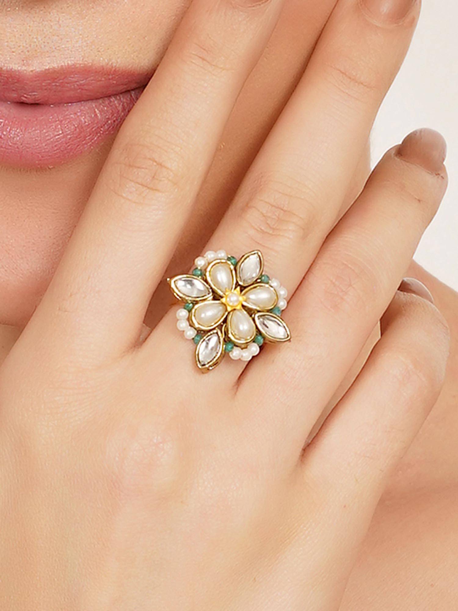 BeAbhika Kundan and Pearl Floral Adjustable Ring