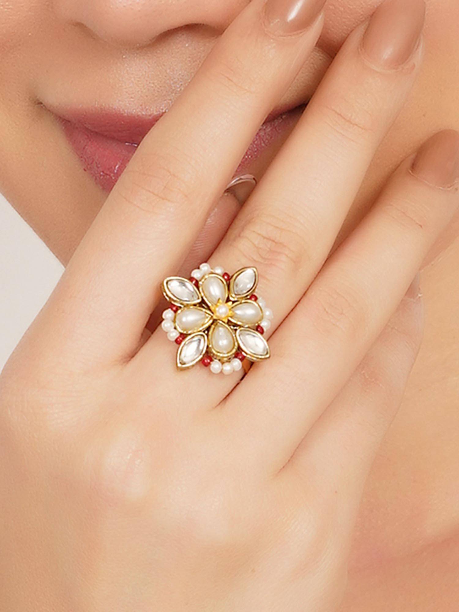 BeAbhika Kundan and Pearl Floral Adjustable Ring