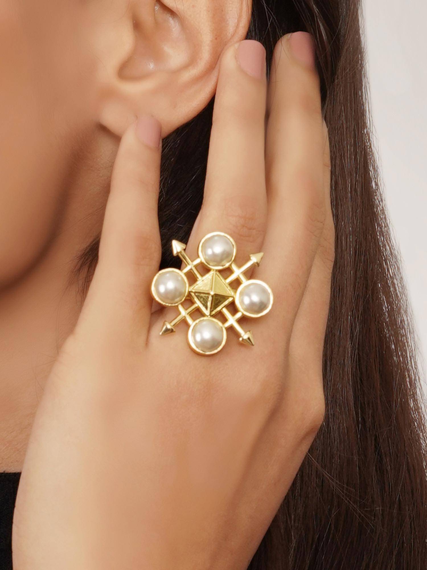BeAbhika Pearl Geometric Grid Adjustable Ring
