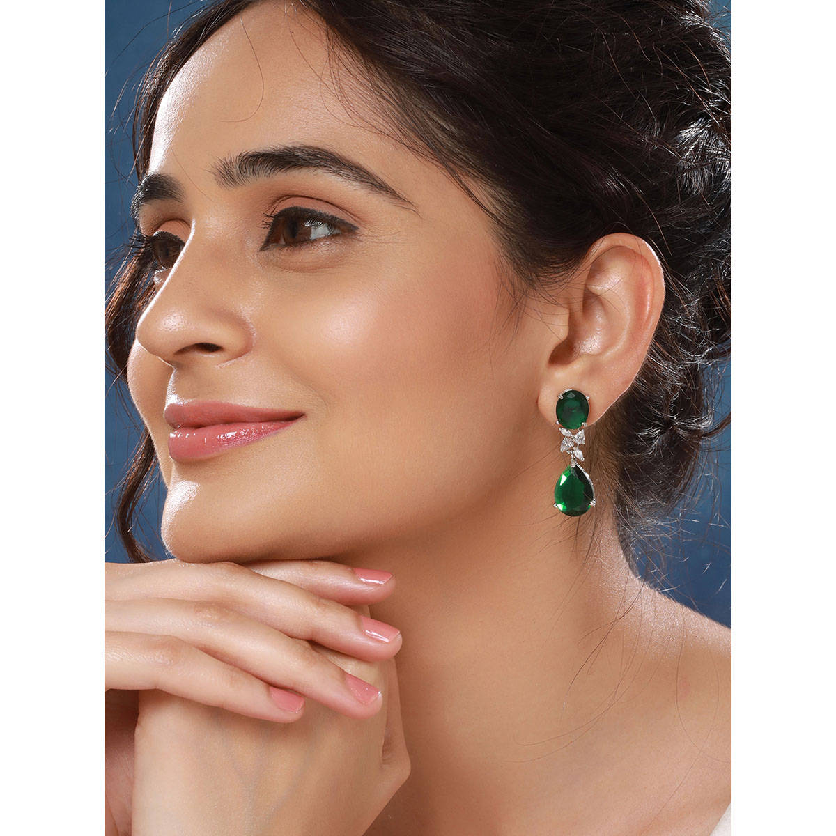 Saraf RS Jewellery Silver Plated Emarald Green Studded Luxe Statement Drop Earrings