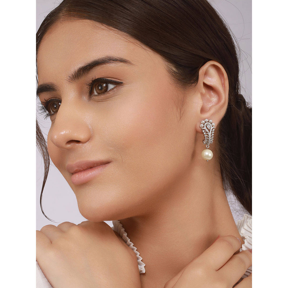 Saraf RS Jewellery Silver Plated Pearl Beaded Minimal Drop Earrings
