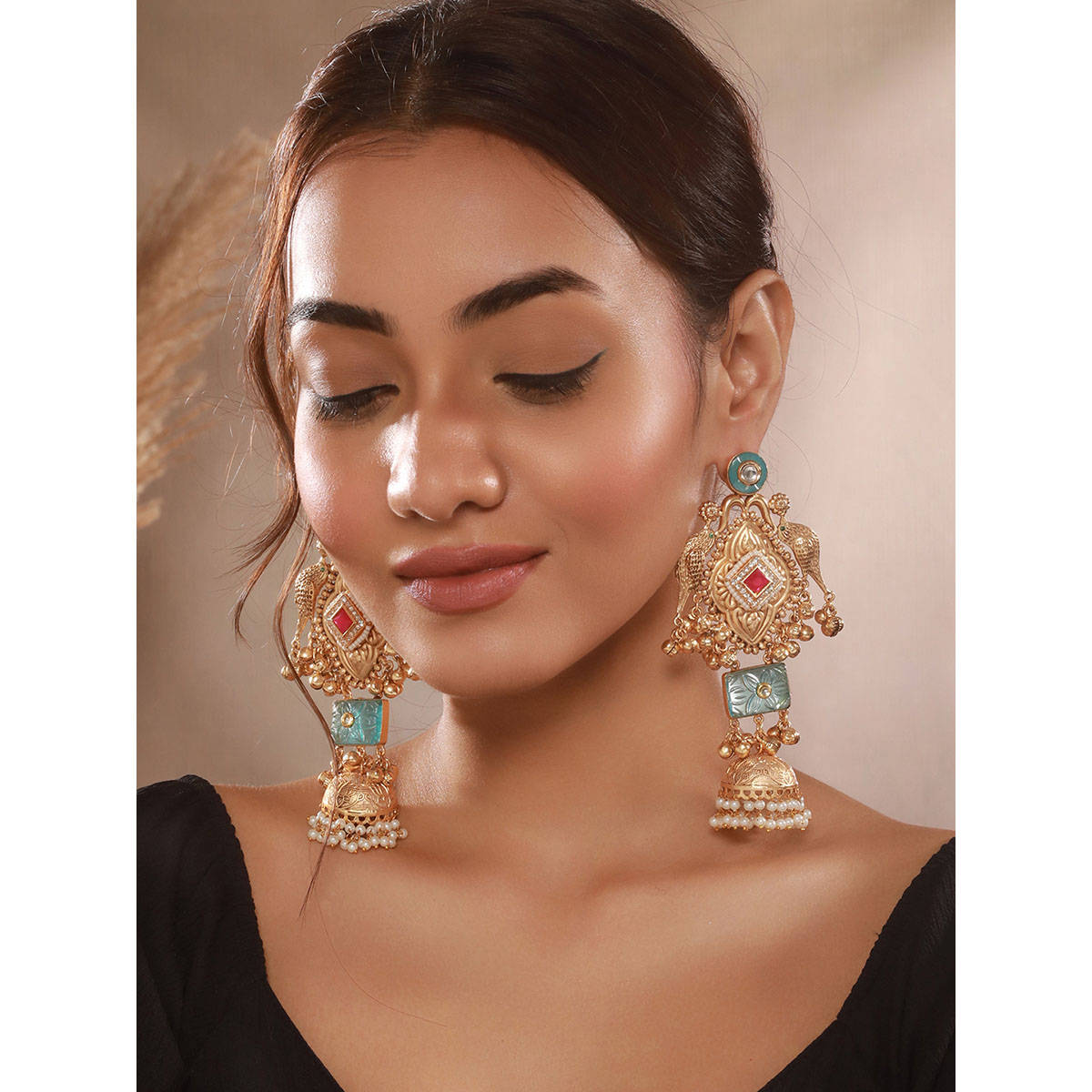 Saraf RS Jewellery Gold Plated Kundan Studded Lightweight Bird Motif Bridal Jhumka Earrings