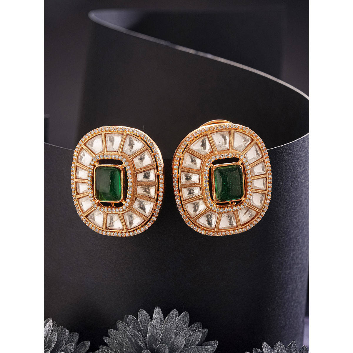 Saraf RS Jewellery Gold Plated Green Emerald Uncut Polki Moissanite Stud Earrings