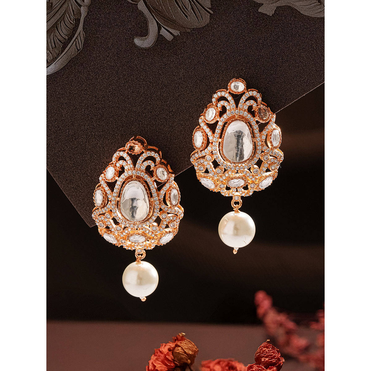 Saraf RS Jewellery Gold Plated Uncut Moissanite Polki Floral Drop Earrings