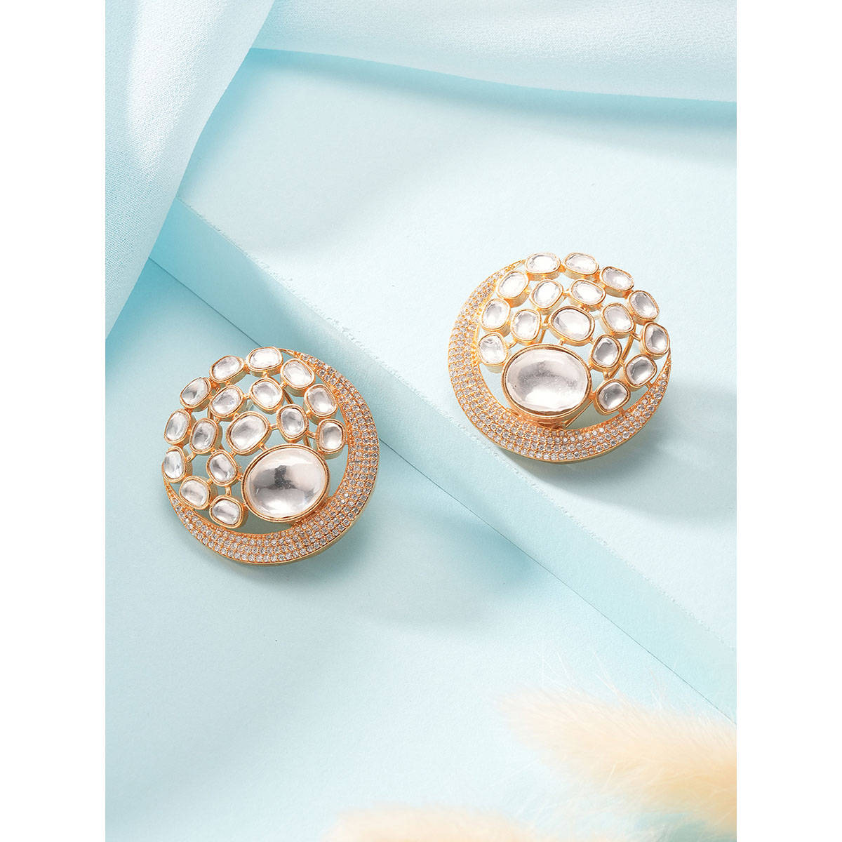 Saraf RS Jewellery Gold Plated Uncut Polki Moissanite Kundan Circular Stud Earrings