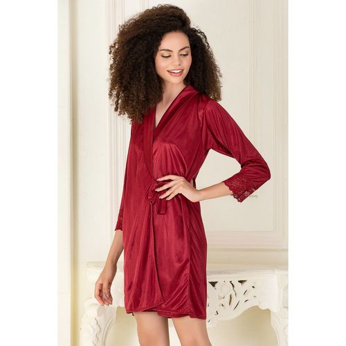 Clovia Short Night Dress Robe In Maroon Satin (Set of 2) (M)