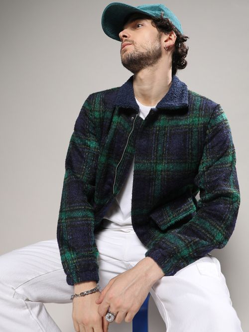 Buy Campus Sutra Mens Navy Blue Green Tartan Plaid Jacket with