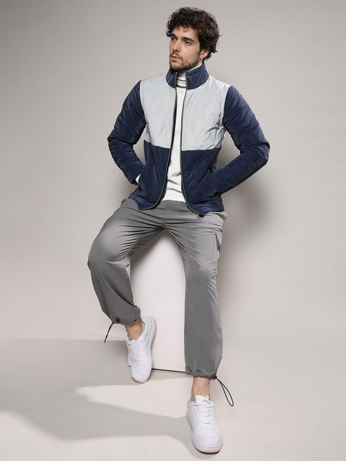 Campus Sutra Mens Navy Blue Moon Grey Parachute Puffer Jacket