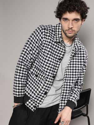 Campus Sutra Mens Carbon Black & Chalk White Houndstooth Denim Jacket