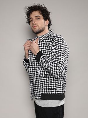 Campus Sutra Mens Carbon Black & Chalk White Houndstooth Denim Jacket