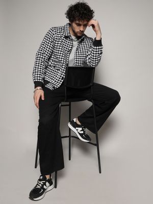 Campus Sutra Mens Carbon Black & Chalk White Houndstooth Denim Jacket