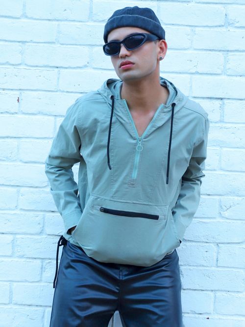 Campus Sutra Mens Sage Green Half-Zip Utility Jacket with Contrast  Drawstring