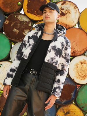Campus Sutra Mens Black & White Tie-Dye Block Puffer Jacket