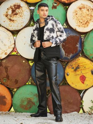 Campus Sutra Mens Black & White Tie-Dye Block Puffer Jacket