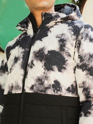 Campus Sutra Mens Black & White Tie-Dye Block Puffer Jacket