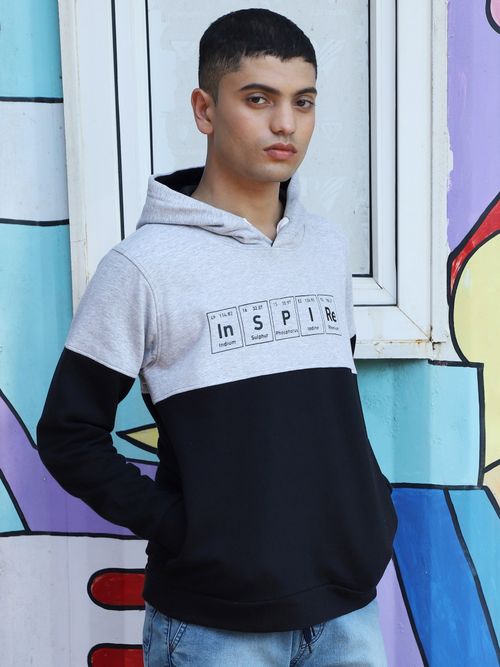 Campus Sutra Mens Black Grey Inspire Hoodie with Kangaroo Pocket